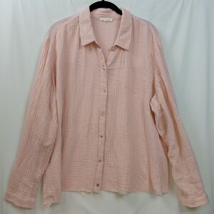 Eileen Fisher Soft Pink Gauze Button Up Blouse Women's Size XXL Raw Hem